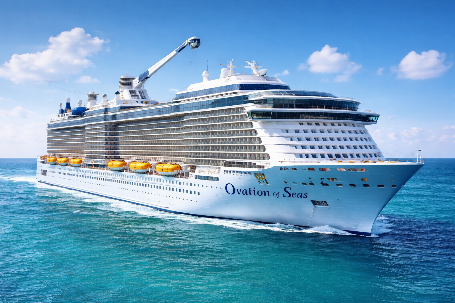 Du thuyền Ovation of the Seas của Royal Caribbean đang di chuyển trên biển, nhìn từ trên cao